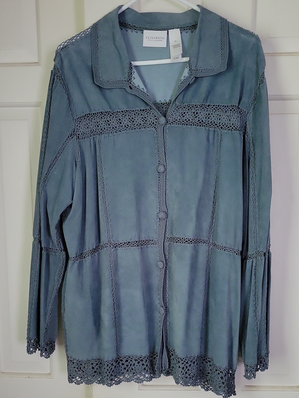 Elisabeth Sage Green Crochet-Trim Button Front Women's Top Sz 1x Forest Nature